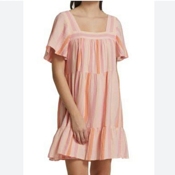 RAILS Valentina Dawn Stripe Tiered pink Linen Mini Dress S - Picture 1 of 9